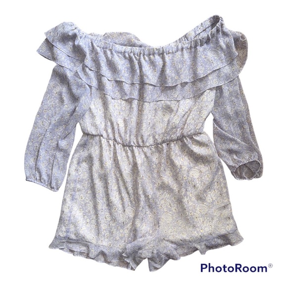 Express Floral Metallic Clip Dot Off Shoulder Romper - Picture 8 of 9